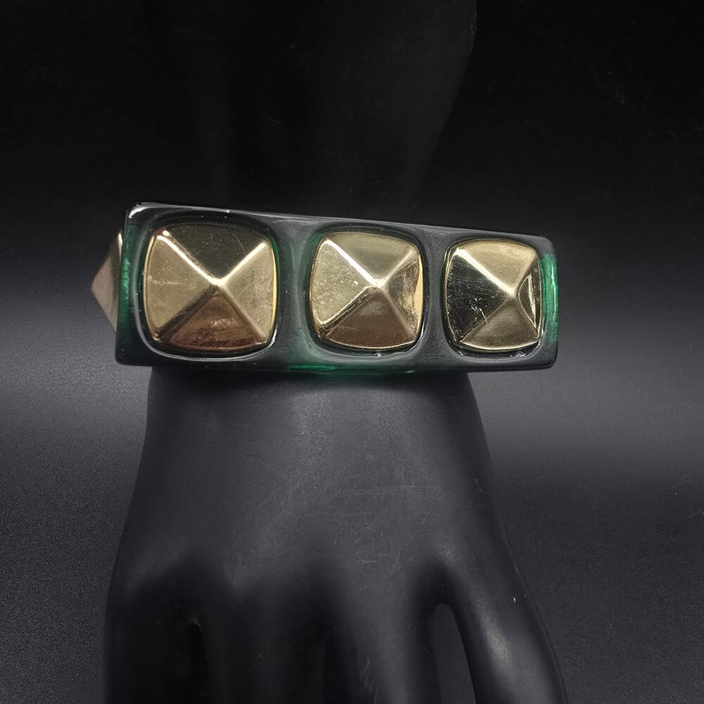 Green Translucent Studded Bangle Bracelet Gold Tone Edgy Fashion Jewelry